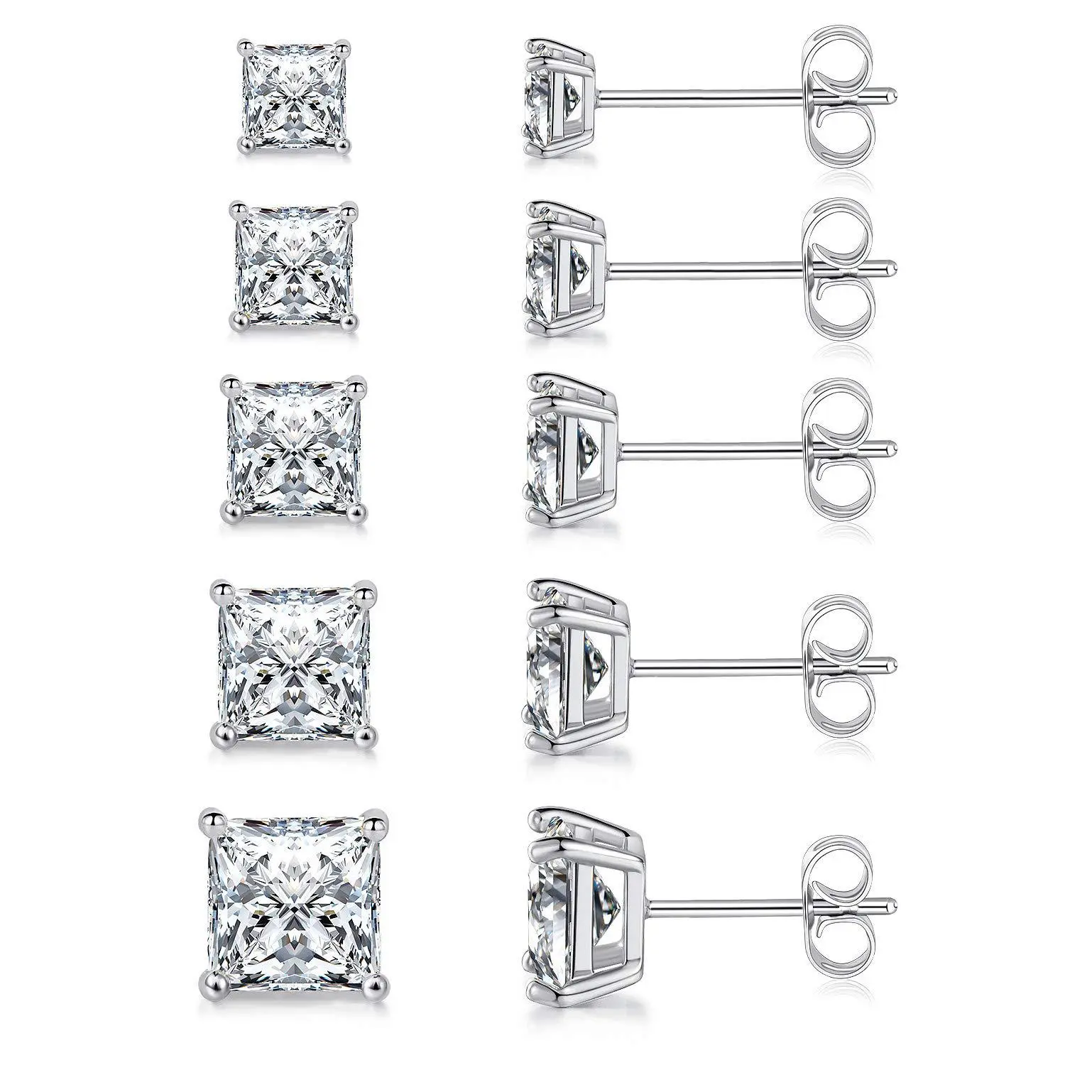 18K Gold-Plated Square Stud Earrings Set for Women Men, 5-Pairs Princess-Cut Cubic Zirconia Stud Earrings Stackable 3mm/4mm/5mm/6mm/7mm Shiny CZ Ear Stud Daily Vacations, Party Wear, Jewelry, Holiday Gift