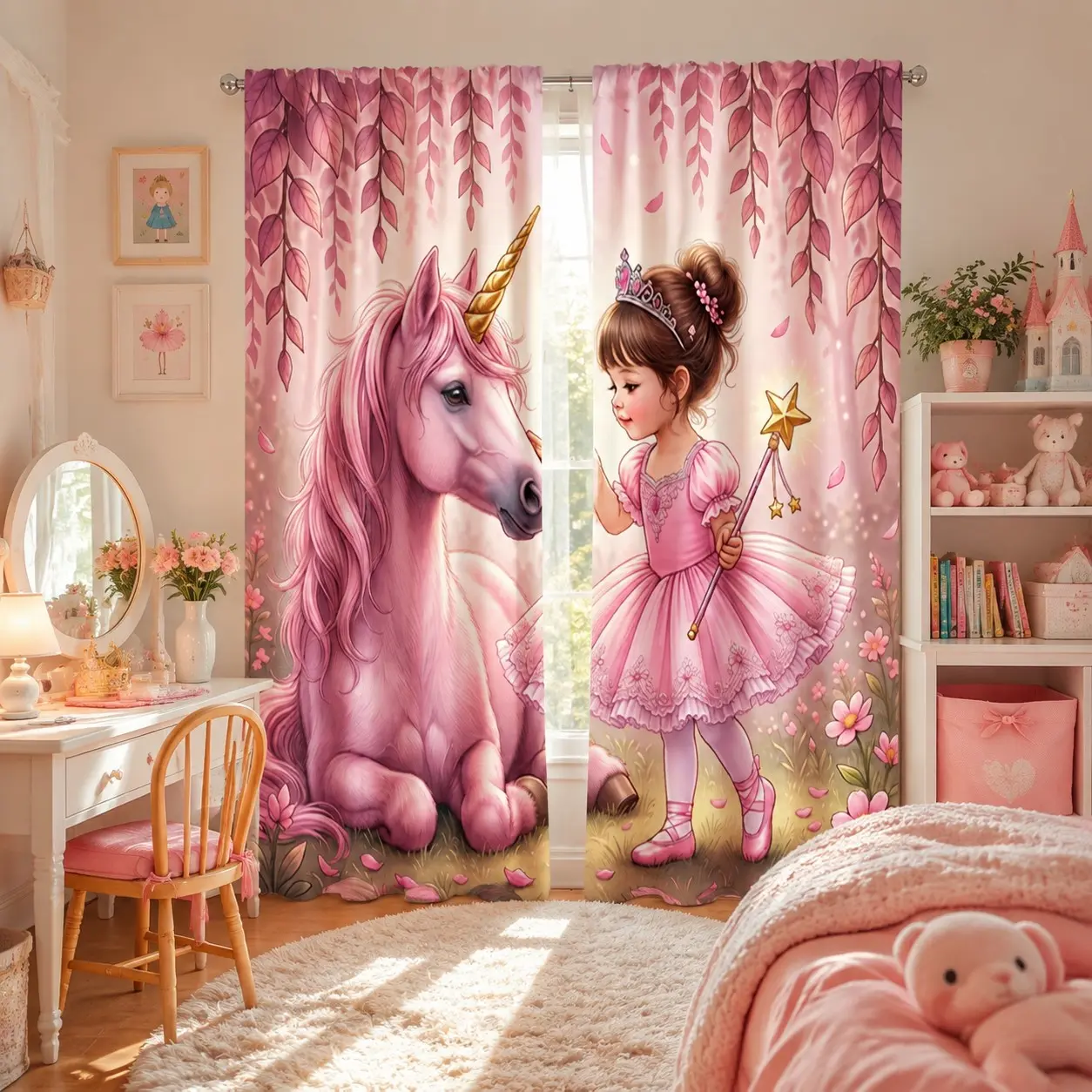 2-piece set of pink fairy tale princess unicorn printed curtains, polyester pole type semi blackout curtains, dreamy forest girl children's room bedroom dormitory decorative curtains
