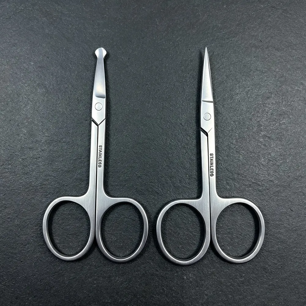 Facial Hair Small Grooming Scissors For Men Women - Eyebrow, Nose Hair, Mustache, Beard, Eyelashes, Ear Trimming Kit - Curved and Rounded Safety Tip Clippers For Hair Cutting - 2PCS Durable Stainless Steel Silver
