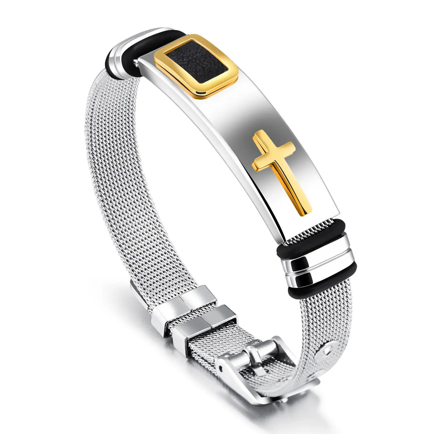 Loveden Men's Cross Stainless Steel Mesh Bracelet, Adjustable Religious Christian Faith Bangle, Black Gold Silver Plated Wristband, Hypoallergenic Jewelry Gift for Men