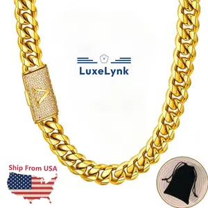 14mm Miami Cuban Link Necklace Initial Letter A-Z Stainless Steel Solid Necklace for Mens Womens Hip Hop Jewelry 20/24/30in