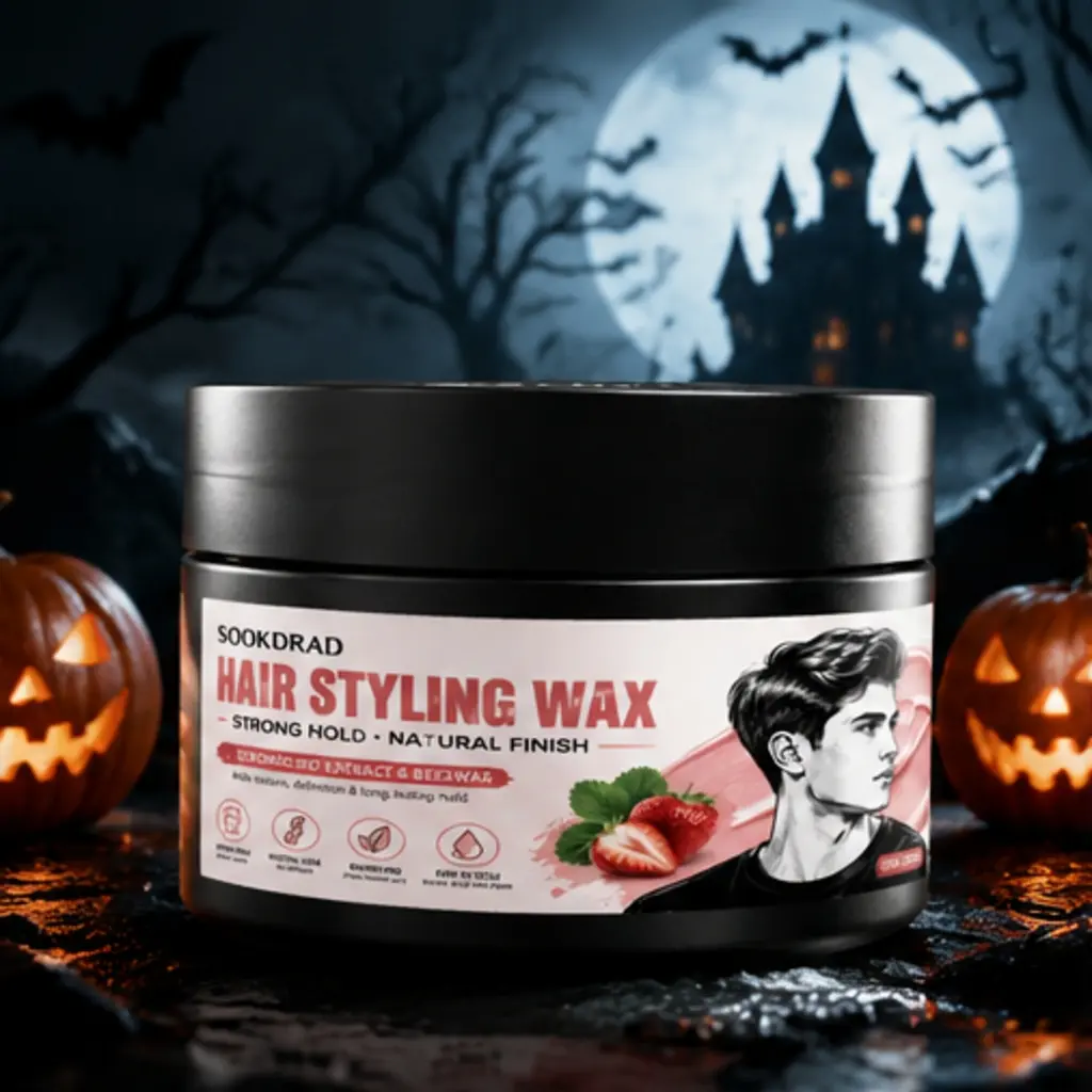 Hair Styling Wax, Strawberry Extract, Beeswax, Strong Hold, Natural Finish, adds texture, adds definition, long-lasting hold, nourishing, plant-based care, easy to style, works on all hair types, 100g