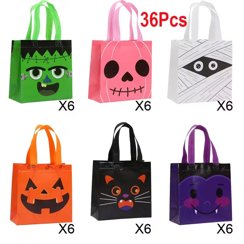 36pcs Combination Halloween Gift Bags and Shopping Bags, 7.9in X7.7in X3.5in, Party Hand-held Gift Bags, Gift Packaging Bags, Monster Face Pattern Non-woven Bags Suitable for Party Decoration