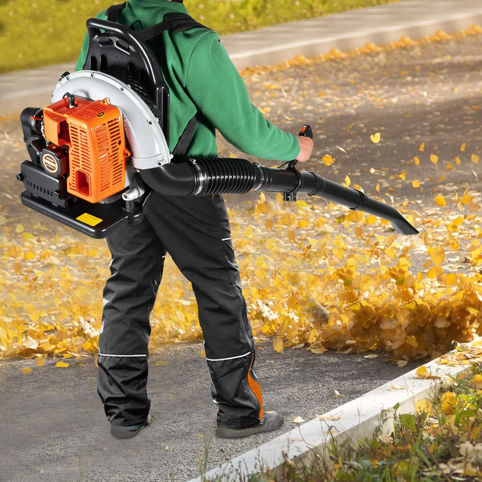 Gas Powered Backpack Leaf Blower, Commercial 63CC 2-Stroke 4.3HP 2.7kW 850CFM Air-Cooled Model with Harness, 1.8L Fuel Tank, 4-Connecting Tubes, 1-Empty Fuel Oil Mixing Bottle, 2-Straps for Yard Care, Snow Removal
