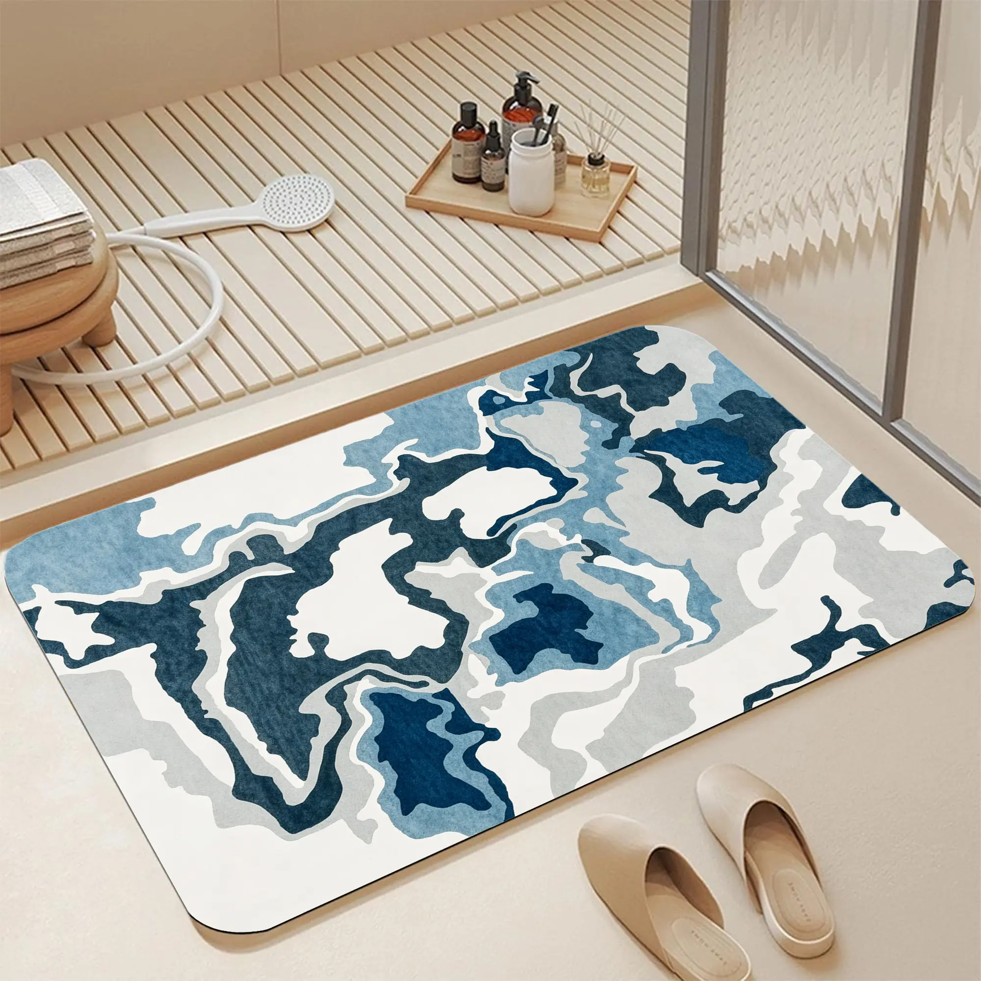 Modern Abstract Organic Wavy Topographic Pattern, Multi Shades Navy, Sky Blue, Pale Grey Liquid Marble Fluid Texture All Over Print Diatomaceous Earth Bath Mat, 16*24 Inch |   Ultra Fast Water Absorbent Quick Drying Non Slip Backing Anti Mildew Easy Wipe