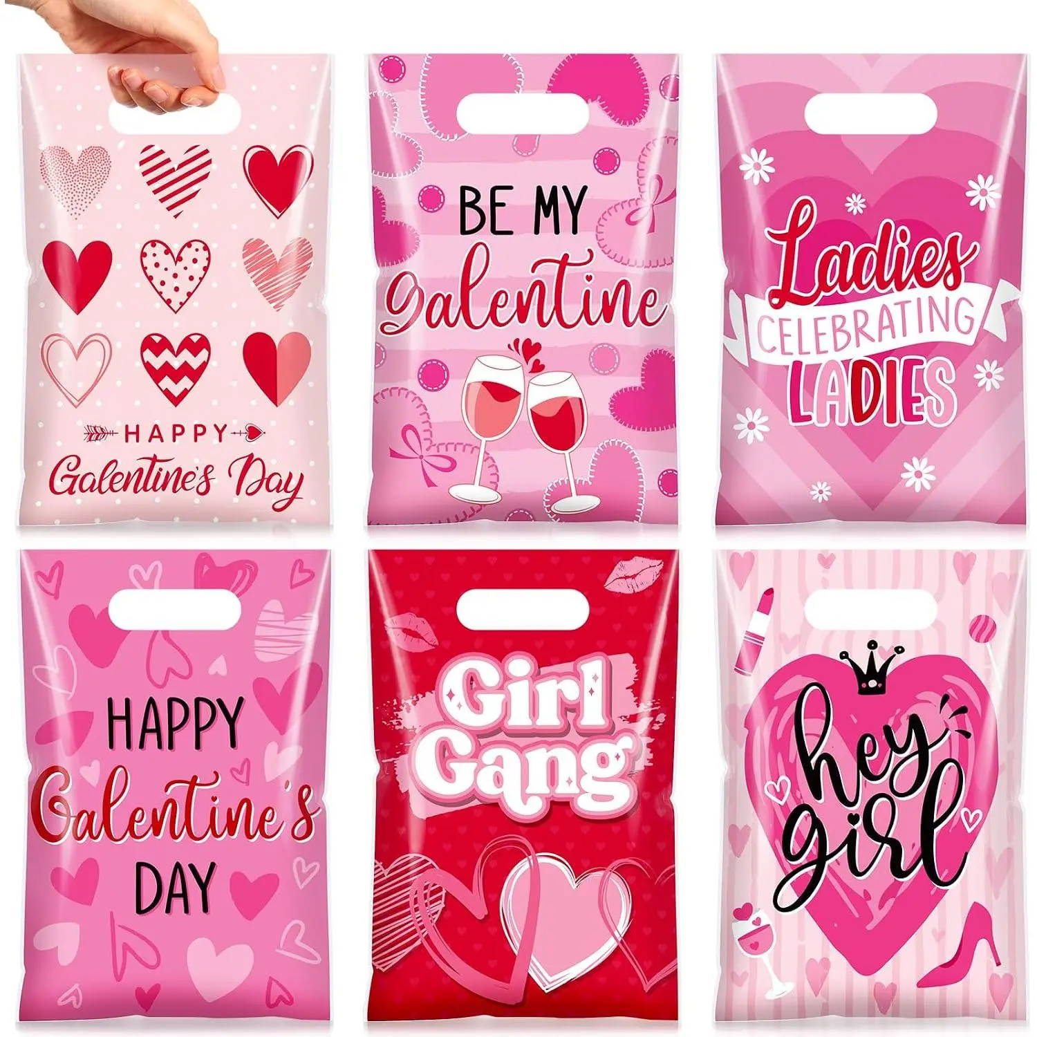 60 count Galentines Day  Bags  Red Plastic Heart  Bags Small Valentines Goodie Handbags for Women Sweet Day Friendship Party Supplies