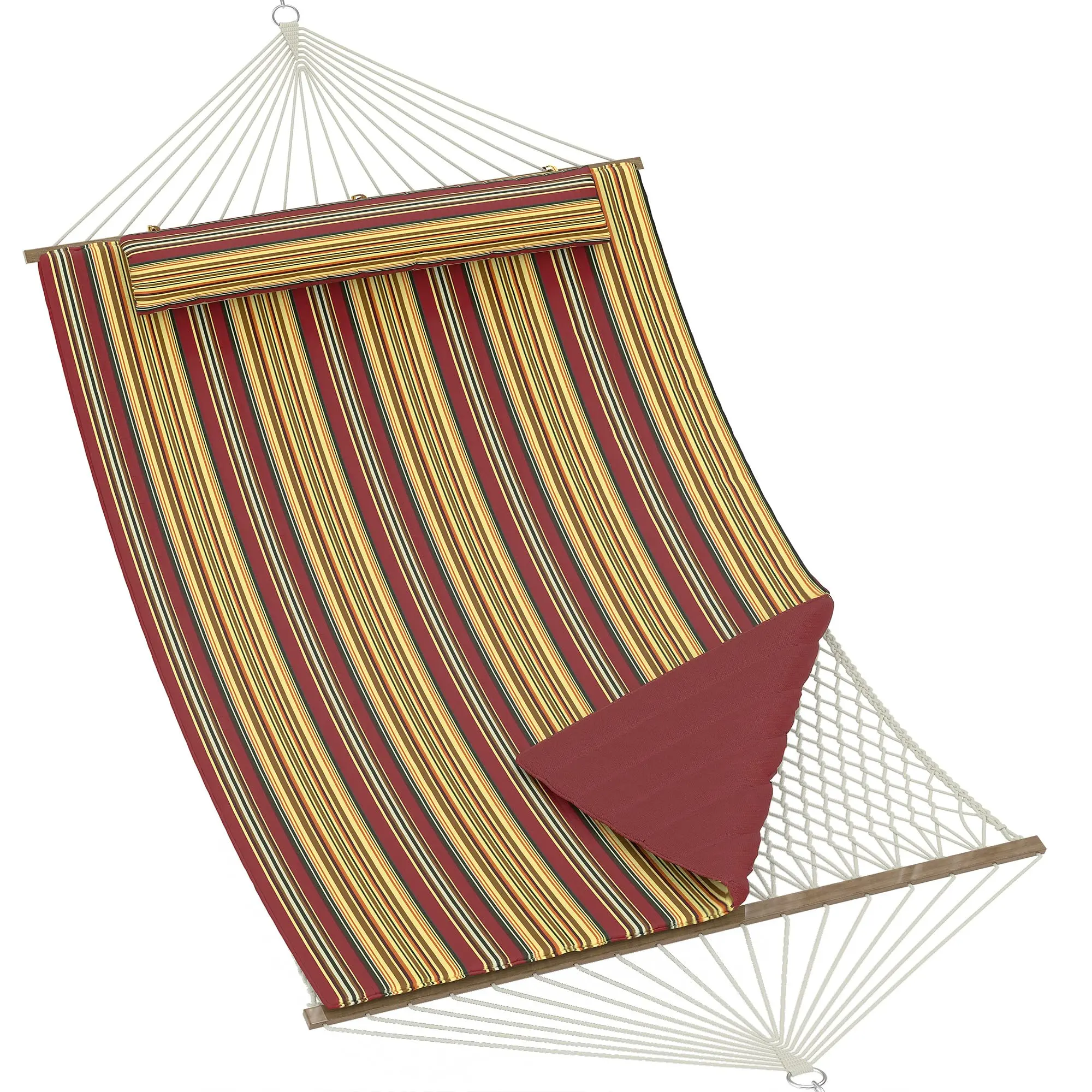 Double Quilted Outdoor Hammock for 2 Persons - Removable Pillow & Adjustable Steel Frame - Large Patio Hammock with Spreader Bar, 500lbs Capacity - Ideal for Backyard, Garden, Beach