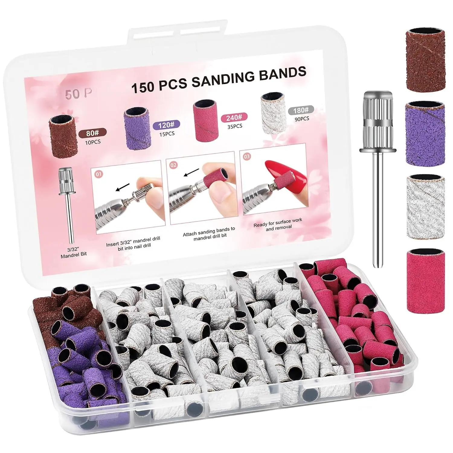 150 count  Drill Bits Sanding Bands for  Drill Mix 80# 120# 180# 240# Coarse Fine Grit Sanding Bands for  Gel Manicures Pedicure
