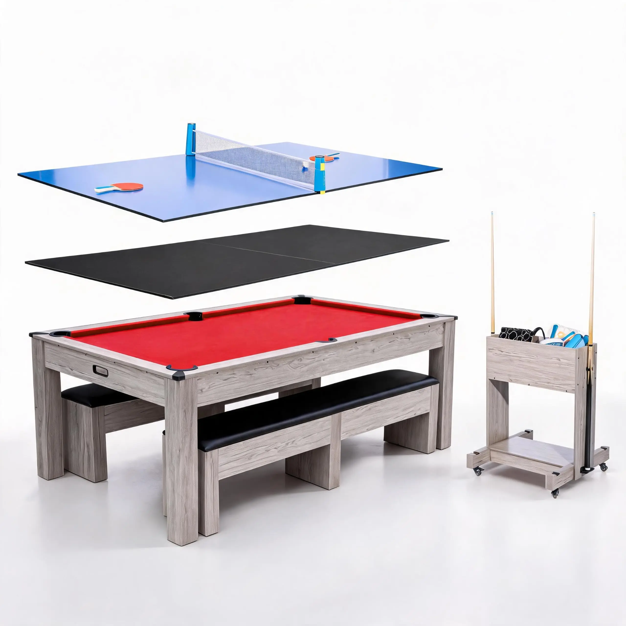 Garvee 7FT 3-in-1 Convertible Pool Table with Dining Top and Table Tennis Surface Complete Accessory Set Rolling Storage Caddy Wood Grain Finish for Home Game Room