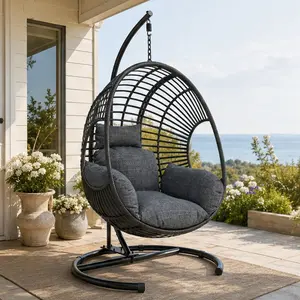 ARCH Extra Wide U-Base Hanging Egg Chair 400lb Capacity Patio Swing with 8-Inch Cushion Weatherproof PE Rattan Waterproof Cover for Outdoor Garden Balcony Use Black, Black Color Options, Metal Material, American Design/American Traditional Style