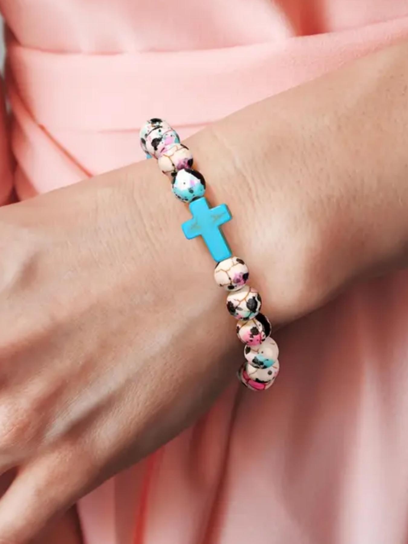 Boho Style Cross Charm Beaded Bracelet, Fashionable Elastic Beaded Bracelet for Women & Girls, Trendy All-match & Exquisite for Birthday Gift, Bohemian Bracelets, Cross Charm Bangle