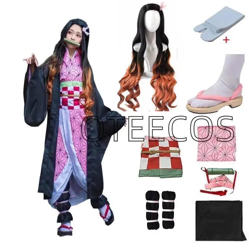 Demon Slayer Kamado Nezuko Cosplay Costume Set, Anime Kimetsu No Yaiba Halloween Party Outfit with XXL Size Option, Wig and Shoes, Party Clothes, Cartoon Character, S, Accessories, Kids, L/Xl/Xxl, Cosplay Accessories
