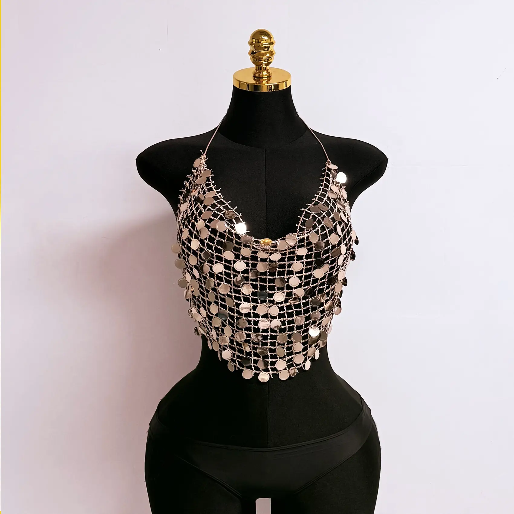 Sequin Slim Fit Crop Top, Handmade Festival Wear with Elastic Tie-Straps for Women's Party Outfits, Cold Wash, Elastic Straps