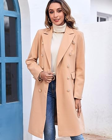 FMEYOA Women's Elegant Notched Collar Double Button Slim Long Wool Blend Pea Coat Jacket