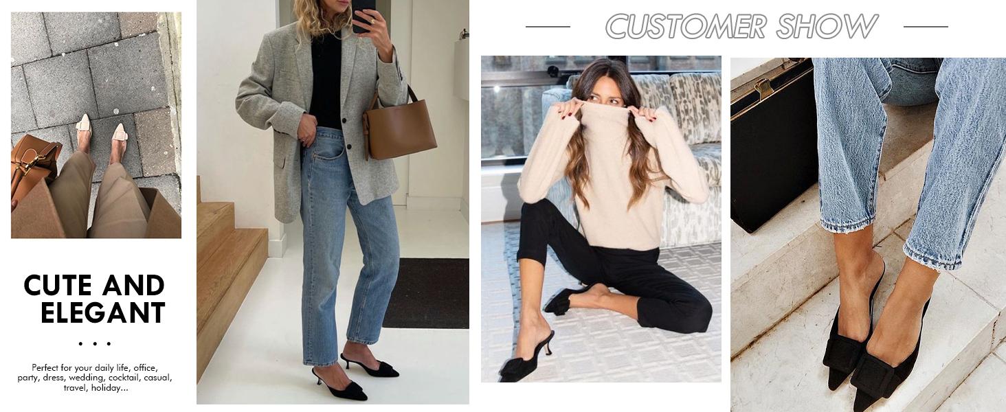 Coutgo Women's Heeled Mules Pointed Toe Suede Buckle Slip On Sandals Kitten Heels Party Wedding Shoes