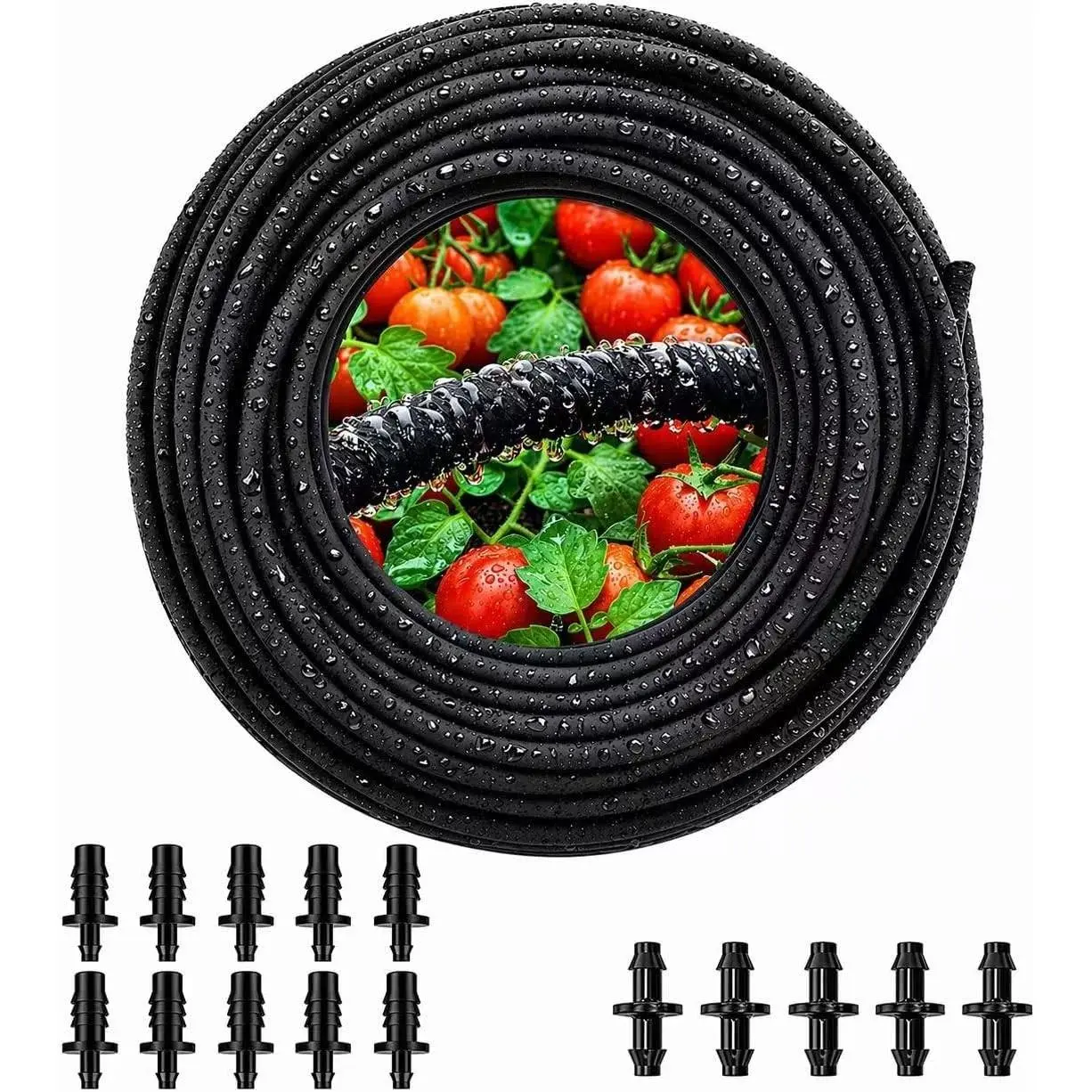 1/4 Soaker Hose Inch 100 FT, Irrigation for Vegetable Beds, Trees & Flowers | Slow, uniform seepage helps save water and supports steady root-zone watering; includes 5 double hooks and 10 end plugs.
