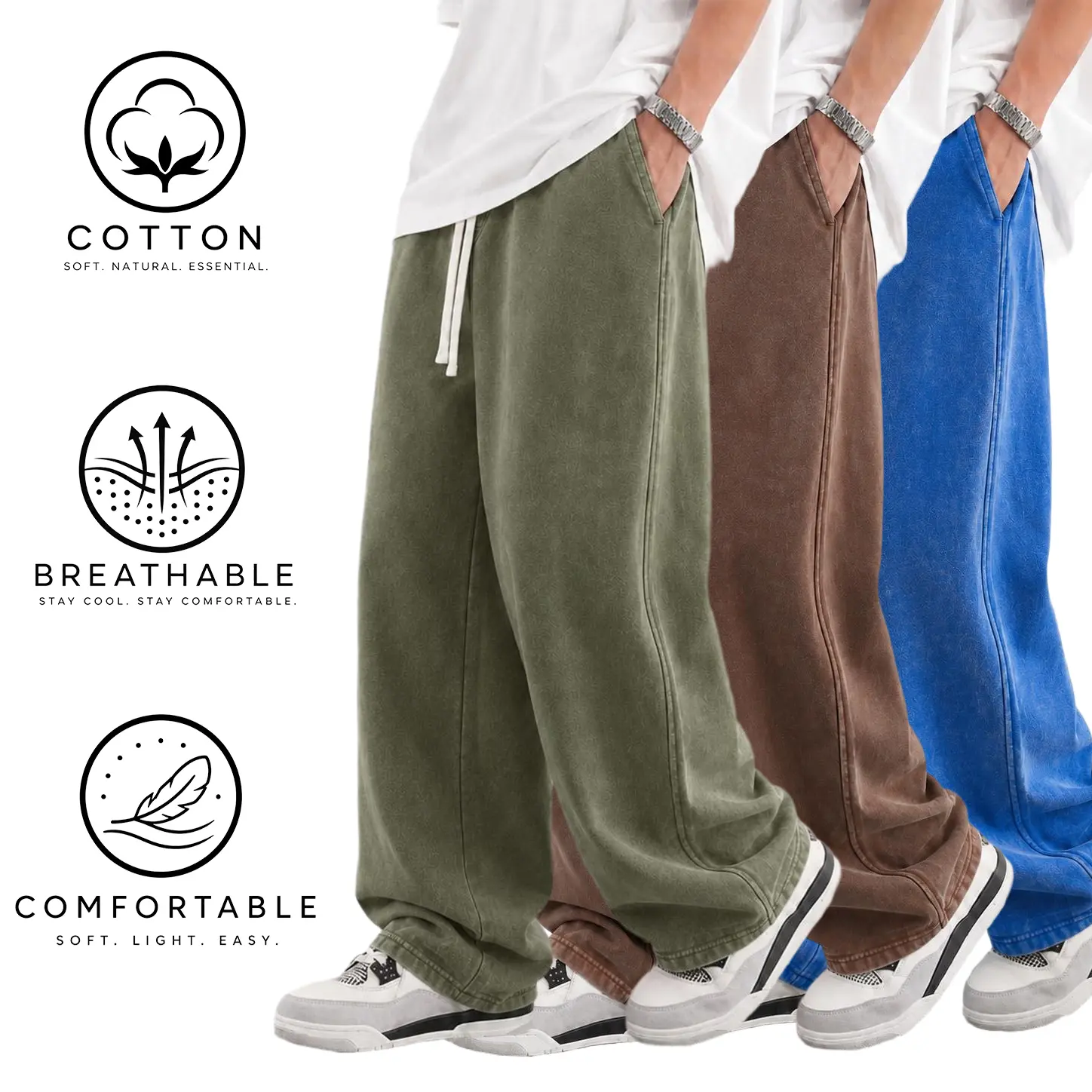 Veiskor Men's Oversize Stone-Washed Plain Menswear Pants, Elastic Drawstring Waist, Loose Wide Leg, Relaxed Fit Vintage Street Wear, Soft Cotton Casual Sweatpants for Everyday Wear