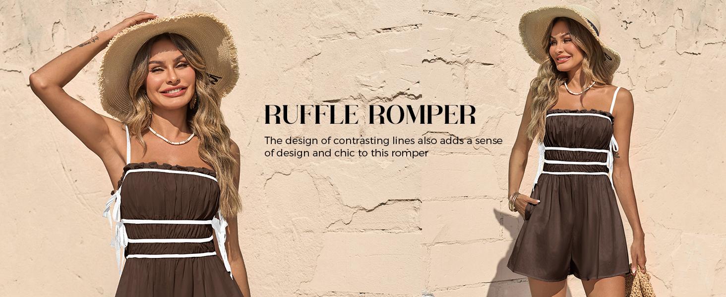 Imily Bela  Womens Summer Spaghetti Strap Romper Sleeveless Ruffle Color Block Short Jumpsuit Smocked Vacation Beach Outfits