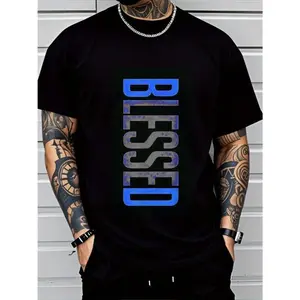 “Blessed” Vertical CVC Cotton T-Shirt-Men's Plus Size Casual Crew Neck T-Shirt - Geometric-Pattern, Smooth Cotton Knit Fabric, Medium Stretch - Short Sleeve Tee for Leisure & Everyday Wear | Breathable Comfort Fit