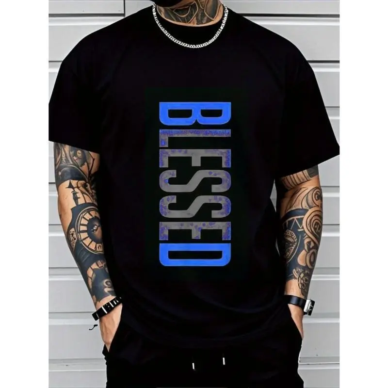 “Blessed” Vertical CVC Cotton T-Shirt-Men's Plus Size Casual Crew Neck T-Shirt - Geometric-Pattern, Smooth Cotton Knit Fabric, Medium Stretch - Short Sleeve Tee for Leisure & Everyday Wear | Breathable Comfort Fit