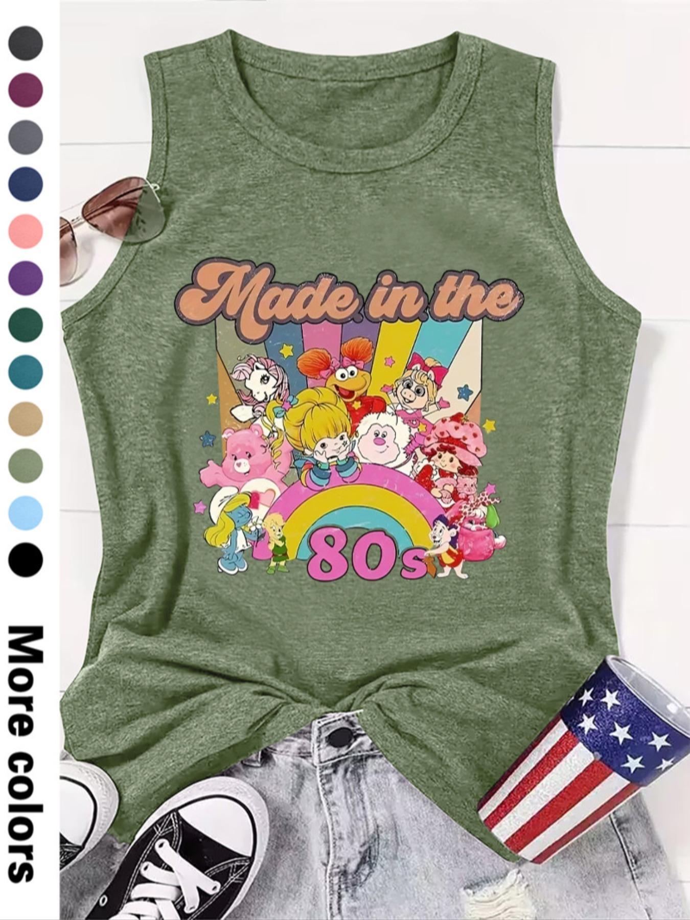 Fashionable Women's Cartoon Letter Print Round Neck Sleeveless Vest, Comfortable Knit Fabric, Summer Fitted Style, Available in 12 Colors