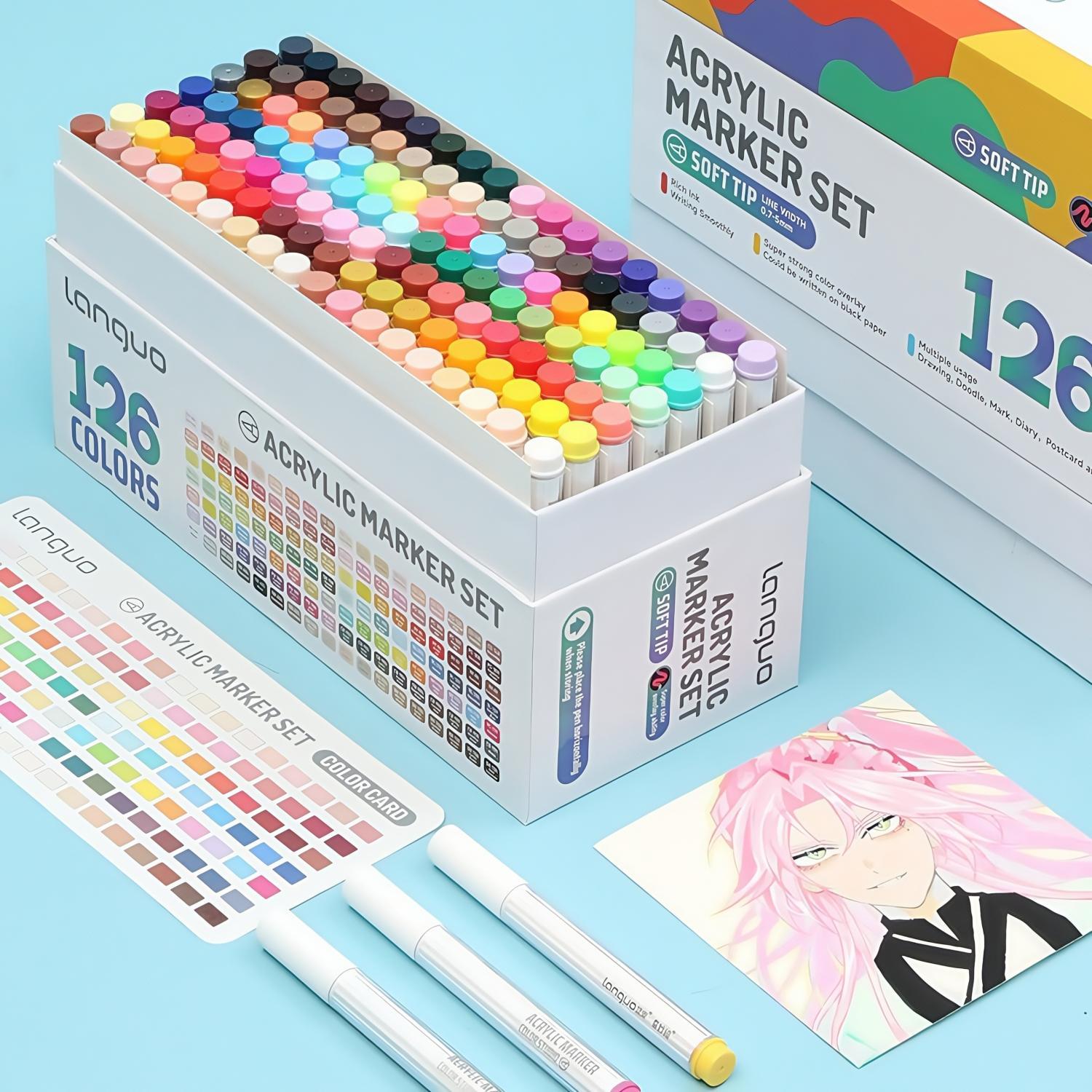 Acrylic Marker Pen Set, 126/72/54/36 Colors Soft Brush Acrylic Markers Set, Waterproof Pen, Soft Brush Nib for Glass Stone Metal Wood Plastic Paper, Acrylic Paint Pens