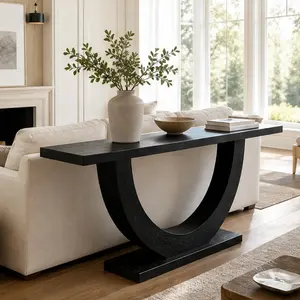 ARCH 60" Black Console Table Modern Narrow Sofa Table with Sculptural Curved Base MDF Real Wood Veneer Entryway Table for Living Room Hallway Foyer Black Oak Freestanding Rectangular Lacquered Finish, Black Color Options, Engineered Wood Material