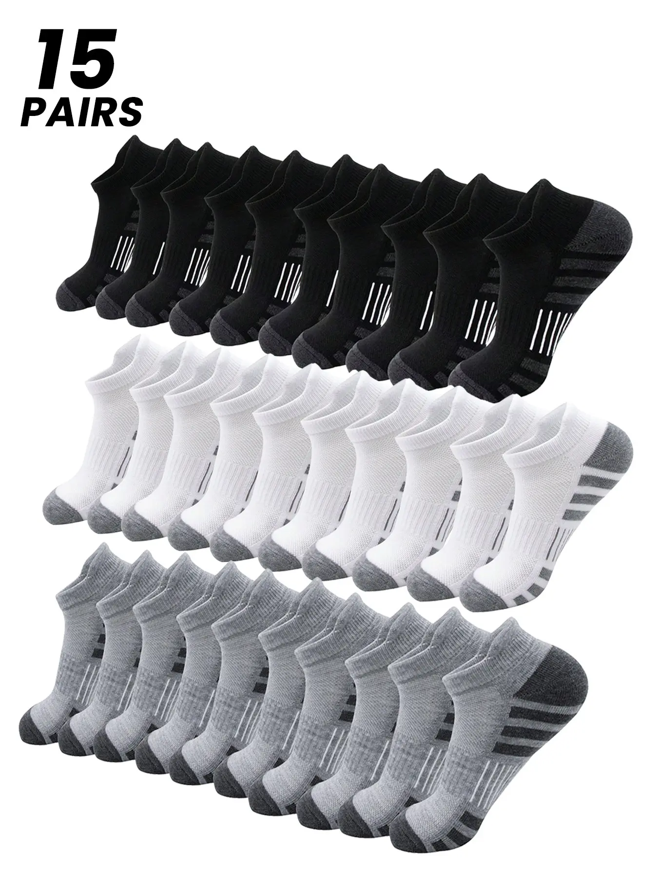 15 Pairs Men's Striped Ankle Socks, Sporty Comfortable Breathable Socks for Everyday Wear, Men's Sock Sets, Multi-Pair Sock Packs for Spring, All Season Socks