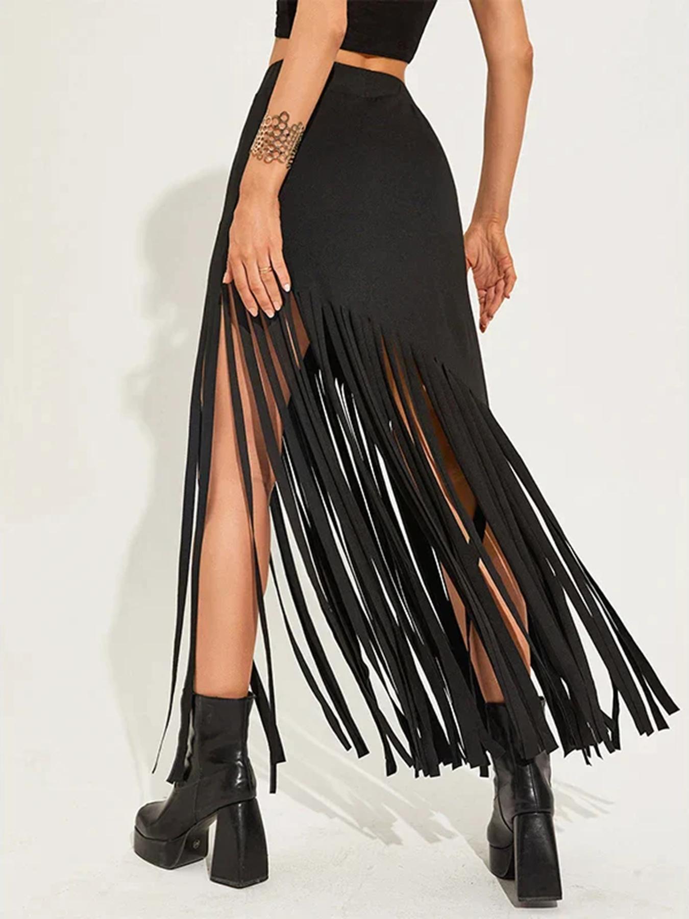 Women's Solid Color Fitted Fringe Trim Skirt, Fashionable Long Skirt for Party Club Dating Wear, Women's Bottoms for Summer