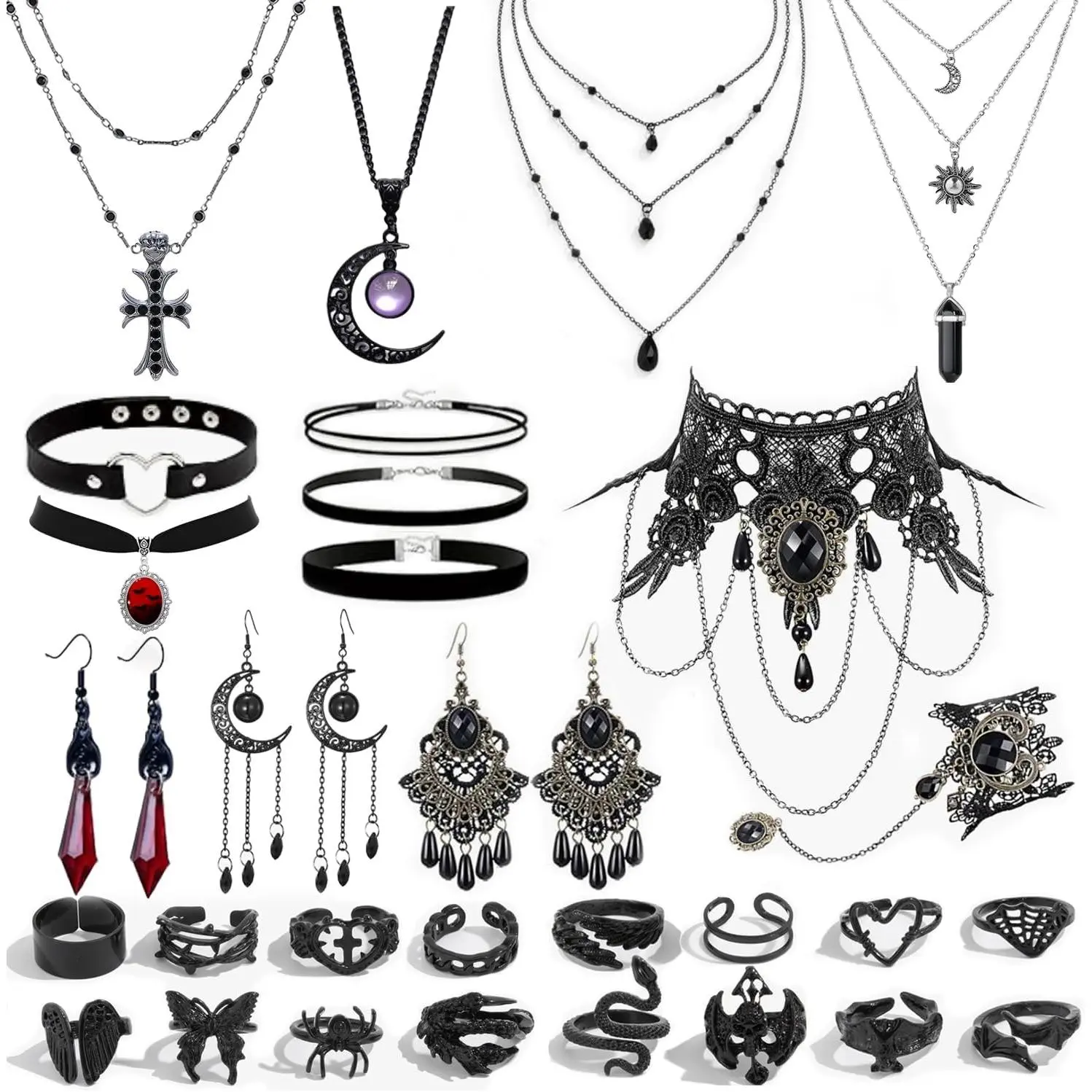 37 count Grunge Gothic  Set -  Punk Necklaces, Y2K Heart Chokers,  And Moon Pendants, Stackable Knuckle Rings And Gothic Earrings, Adjustable Boho Accessories for Women Men