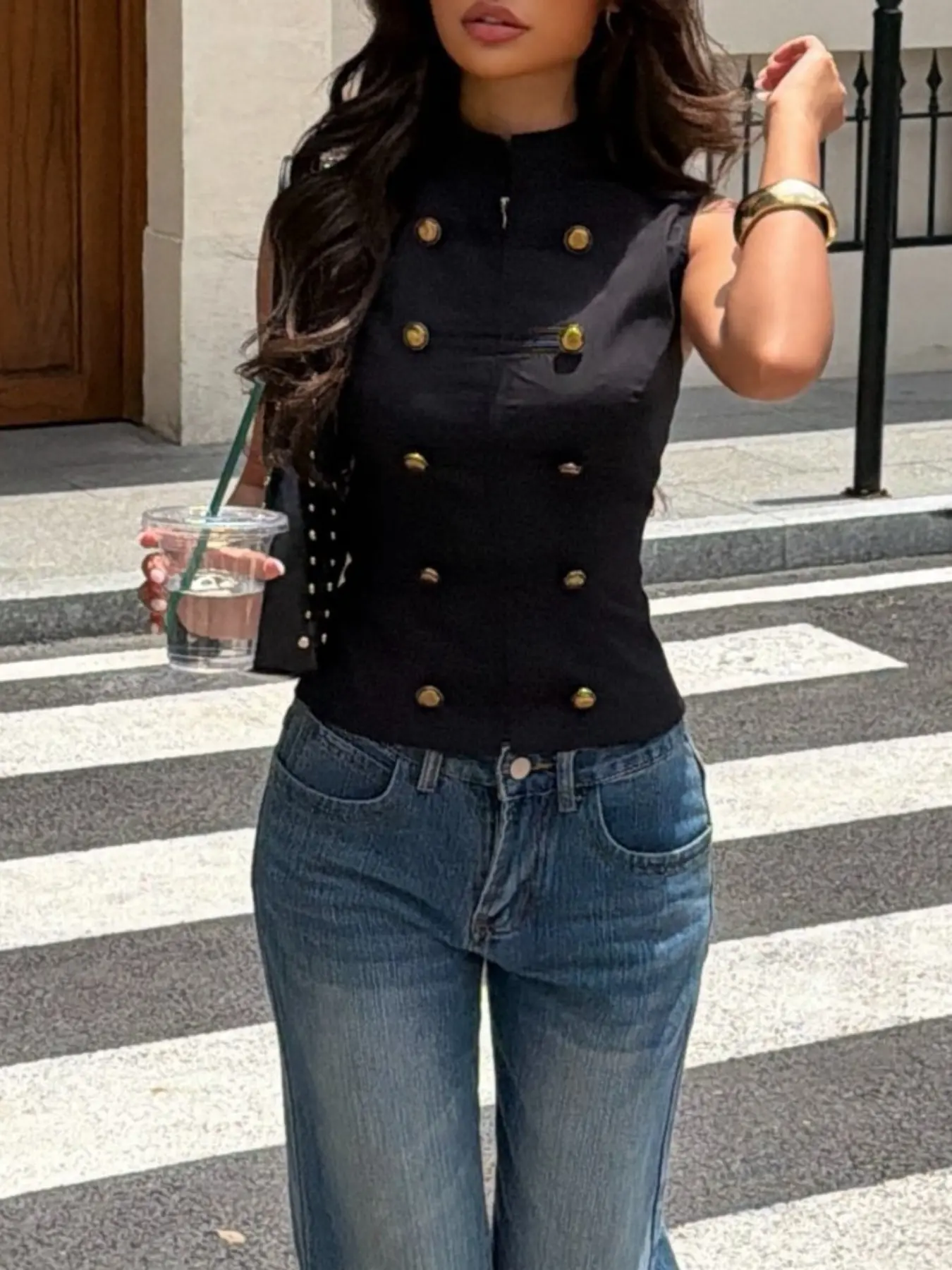 Black Sleeveless Button Vest Top Women Stand Collar Double Breasted Crop Tank Top Gold Button Detail Slim Fit Y2K Streetwear Casual Going Out Party Office Fashion Blouse