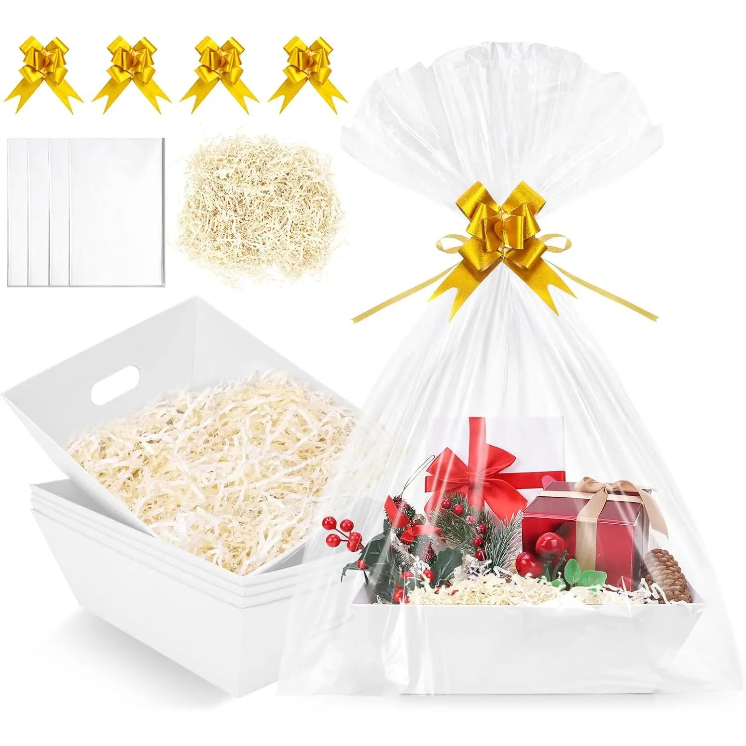 5 Pack Empty  Baskets to Fill - 12" x 10" Large Baskets for Gifts Empty, Sturdy DIY Gifts Baskets Sets with 200g Crinkle Cut Papers for Birthdays Weddings Parties & Holidays (White)