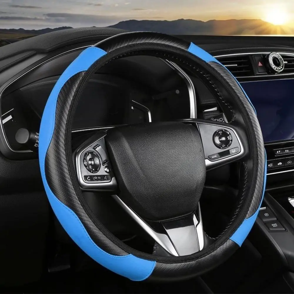 Sport Carbon Fiber Steering Wheel Cover, Anti-Slipping Grip for Standard Size Wheels, Elastic Fit with Toolless Install for Daily Drive, Car Accessories