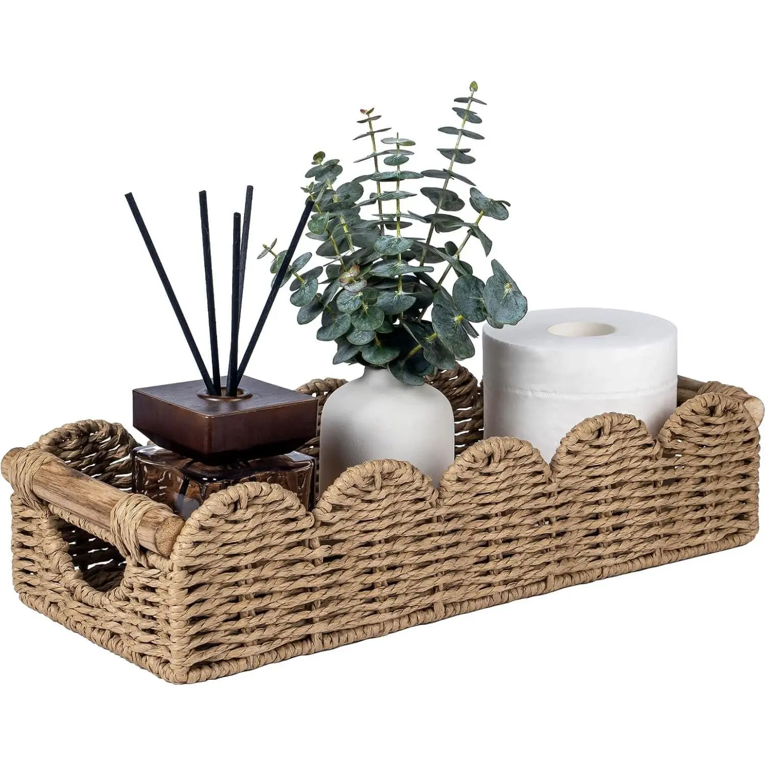 CubesLand Bathroom Basket Organizer, Toilet Decor Basket W/Cut Out Handle| Wicker Toilet Paper Storage Basket Tray, Scalloped Basket for Bathroom Countertop Decorative Also for Home Decor, Neutral