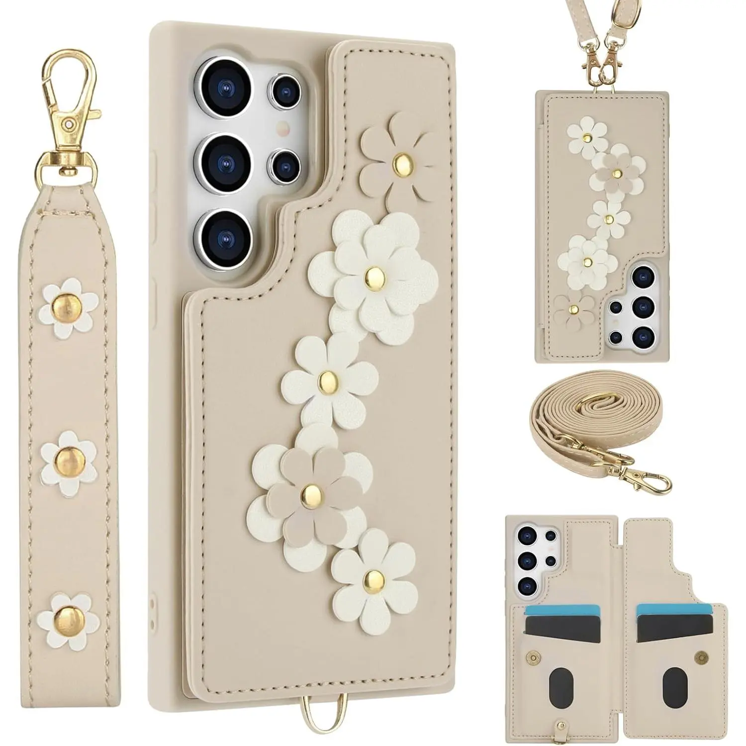 3D Floral Leather Cellphone Wallet Shell with Wrist Lanyard Strap, Cash-Card Securing Waterproof Handheld Accessory for Galaxy S25 Edge, S24, S23 Plus, S22 Ultra, A16, A36, A56, A15, A35, A55, A14, A54, A53