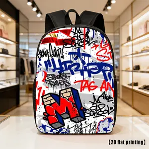 White Base Red Blue Black Splash Graffiti 3D Block Letter M Street Tag Spray Paint Print Large Capacity Backpack Water Resistant Unisex Student School Rucksack Breathable Mesh Padded Shoulder Straps Elastic Mesh Water Bottle Side Pocket Urban Hip Hop Stre