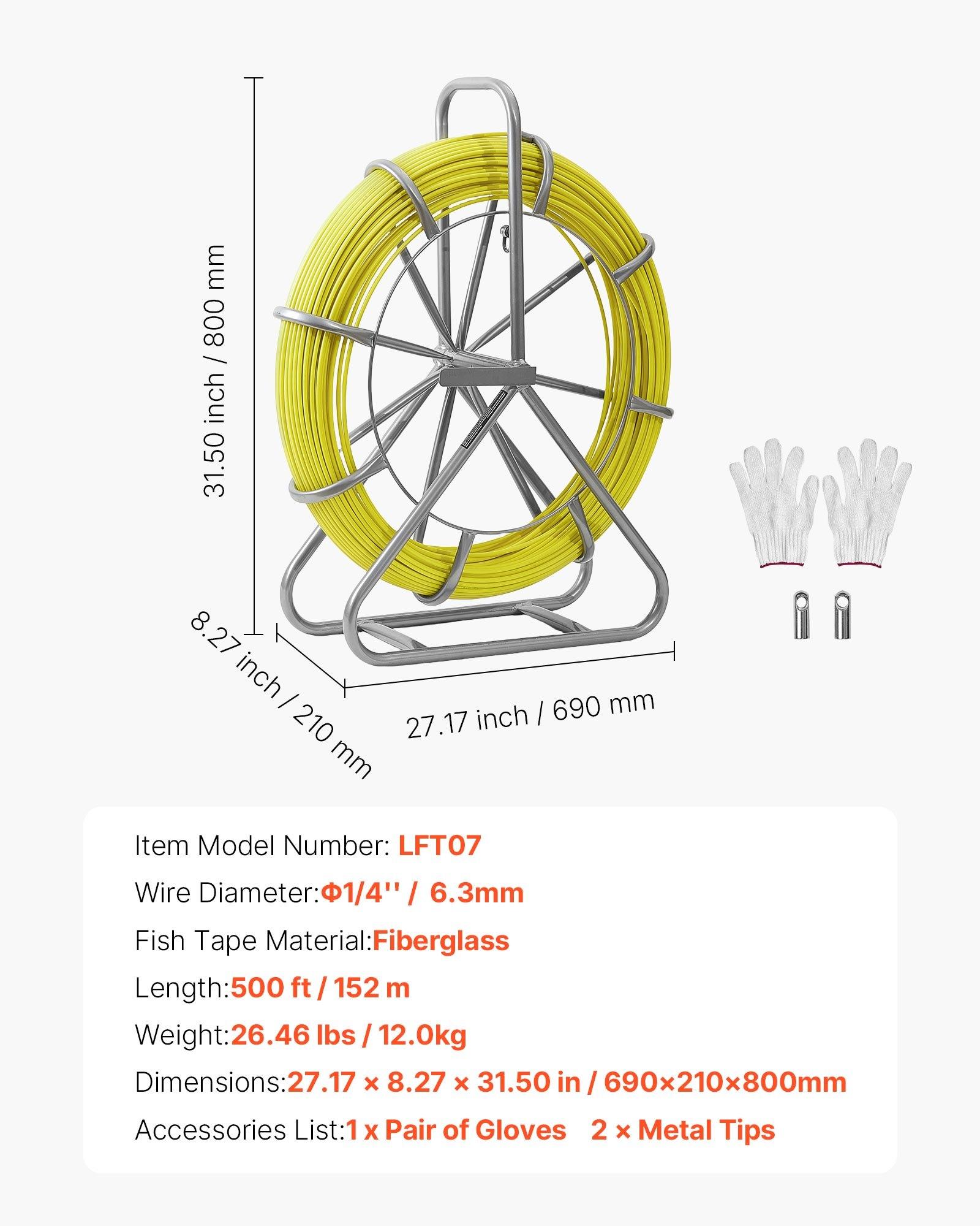 VEVOR Fish Tape Fiberglass, 500FT 6.3MM, Duct Rodder Fishtape Wire Puller with Stand, 1/4-Inch Cable Running Rod, Marked Every 5 Feet, Fishing Tools for Walls and Electrical Conduit, Non-Conductive