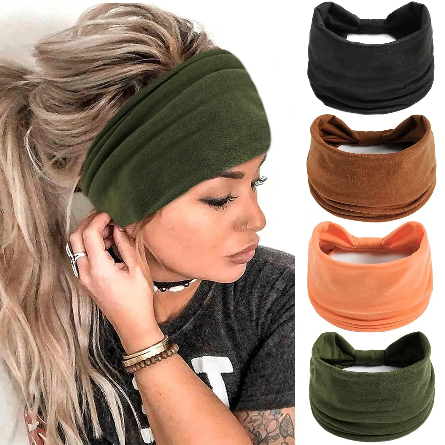 Women's Wide Neutral Black Knotted Headbands (4 Count) - 6x9.8 in, One Size Fits, Soft Synthetic Stretch Elastic, Boho Sweatband, Thick Bandana for Yoga Workout