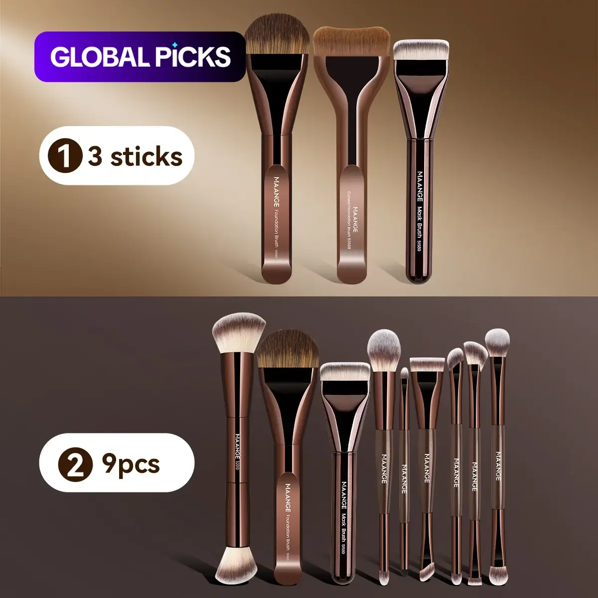 MAANGE 3- or 9-Piece Makeup Brush Set, Face Makeup Brushes Including Flat, Curved, and Ultra-Thin Foundation Brushes for Blending and Powder Application #GLOBAL PICKS