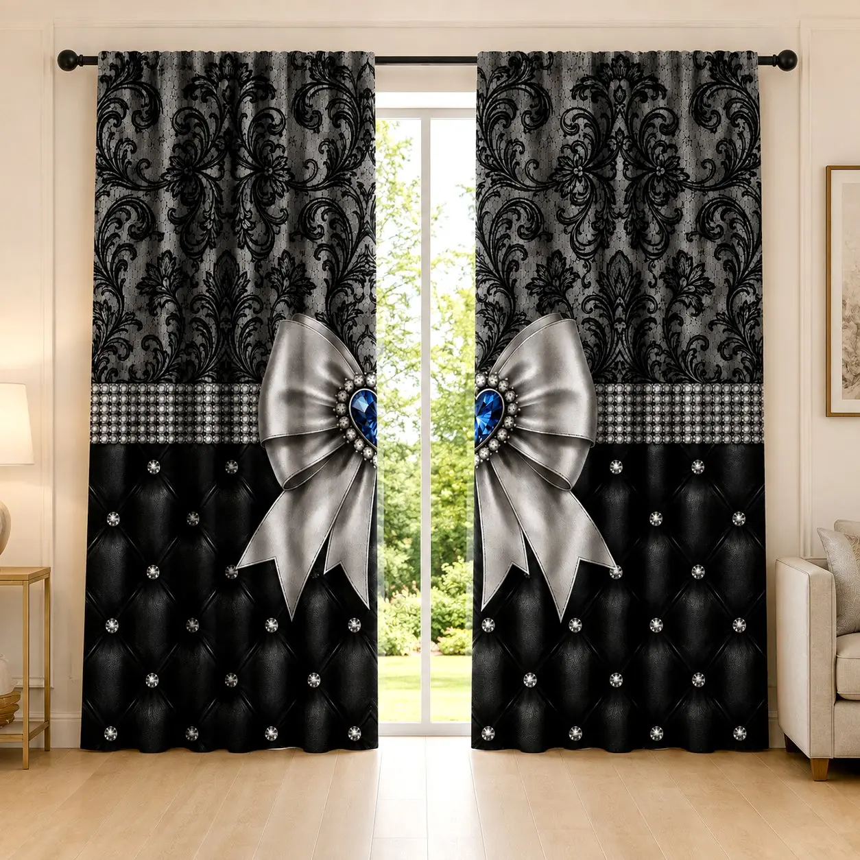 2pcs Vintage-style luxury bow-adorned semi-blackout curtains; European-style lace-patterned leather diamond-print curtains; pocket rod installation; polyester material; suitable for bedrooms, kitchens, studies, etc.