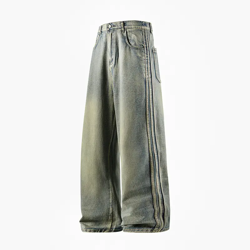 Vintage Gradient Washed Wide Leg Denim Jeans, Triple Contrast Stripe Seam Detail On Outer Leg, Button Fly High Waist Five Pocket Design, Oversized Baggy Full Length Cut, Faded Yellowish Blue Wash Craft, Retro Hip Hop Streetwear Denim Trousers#SummerWins
