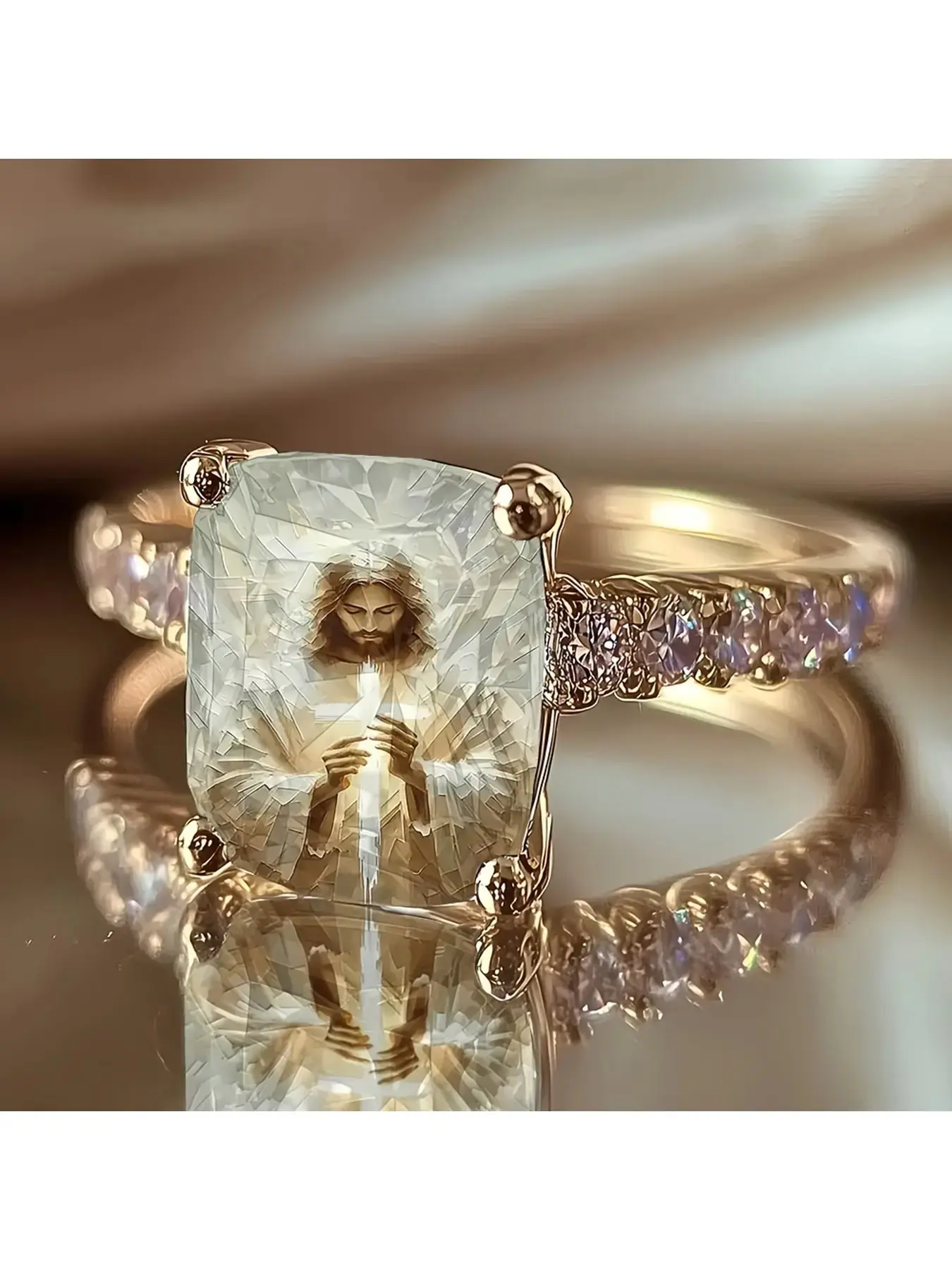 Vintage lady's cross-shaped ring featuring Jesus. Crystal-like texture of the Jesus figure. Religious belief, blessing, commemoration. Suitable for daily gifts or decorations. Jewelry for religious devotion. Beautiful Rings Commemorative Ring
