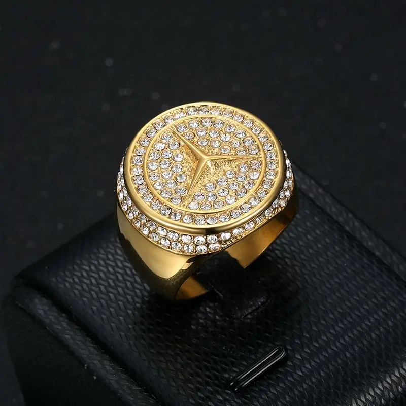 New European and American Hip Hop Ring Titanium Steel Gold Plated Rhinestone Accents Luxury Men's Ring