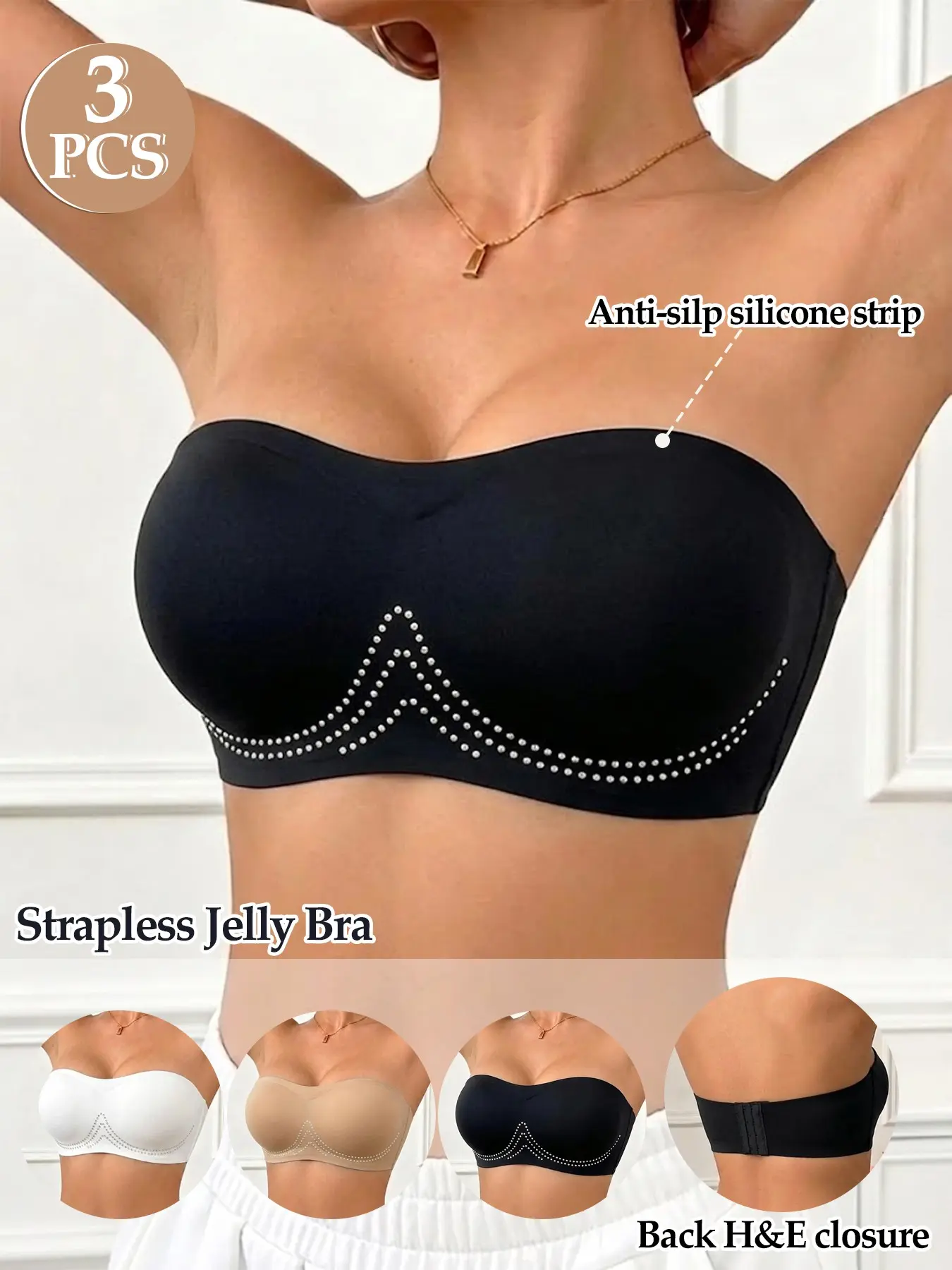 3-Pack Non-Slip Strapless Soft Jelly Bras for Women, Wireless  Seamless Bandeau, Backless Slim-Fit Lined Bra, Casual Medium Support