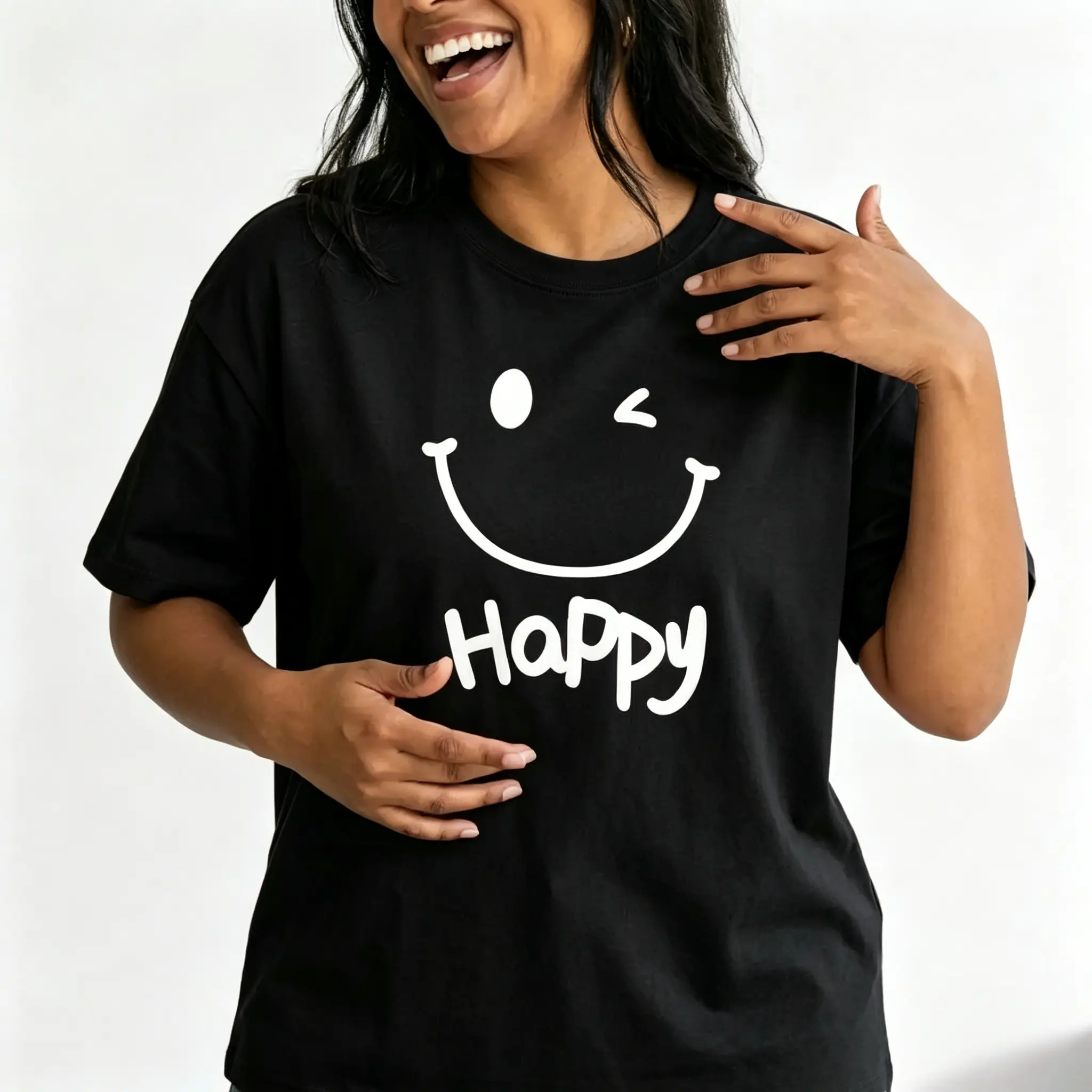 Happy Smiley Face Graphic Tee Women Cute Winking Smile Shirt Plus Size Top