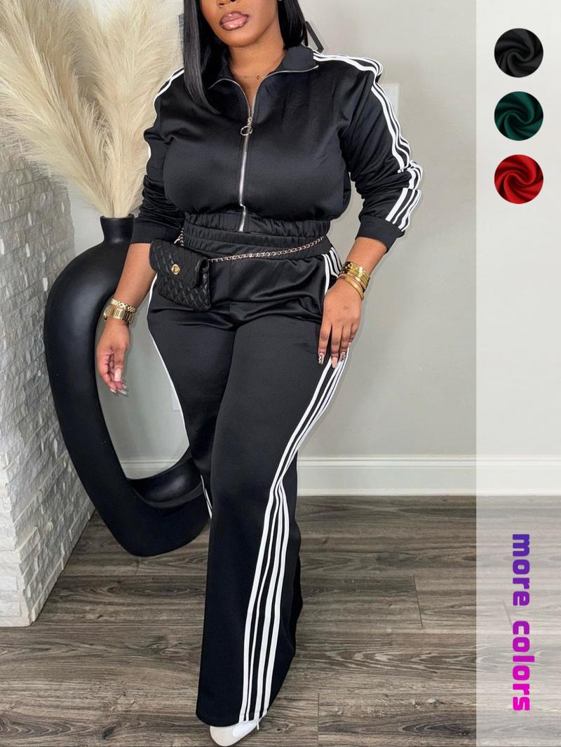 Women's Casual Long Sleeve Zip Up Jacket & Pants Set for Spring & Fall, Women's Clothes for Daily Wear, Streetwear Tracksuit Set