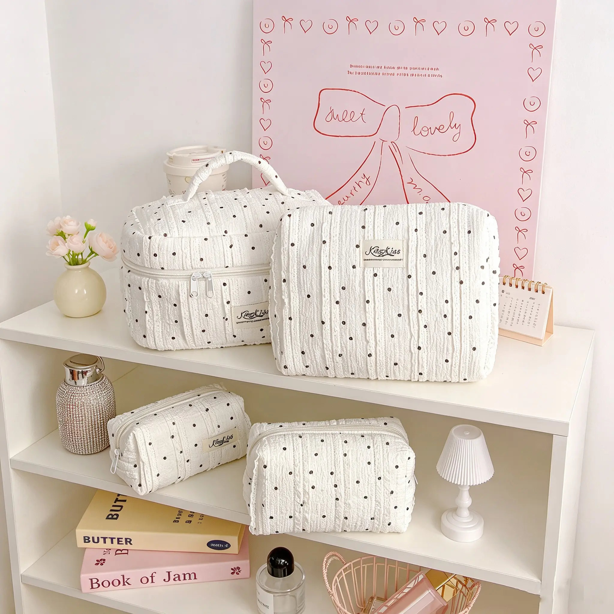 4piece Lace Polka Dots Makeup Bag Set, Cosmetic Organizer, Multi-Functional Storage Bag, Zipper Closure, Travel Essential