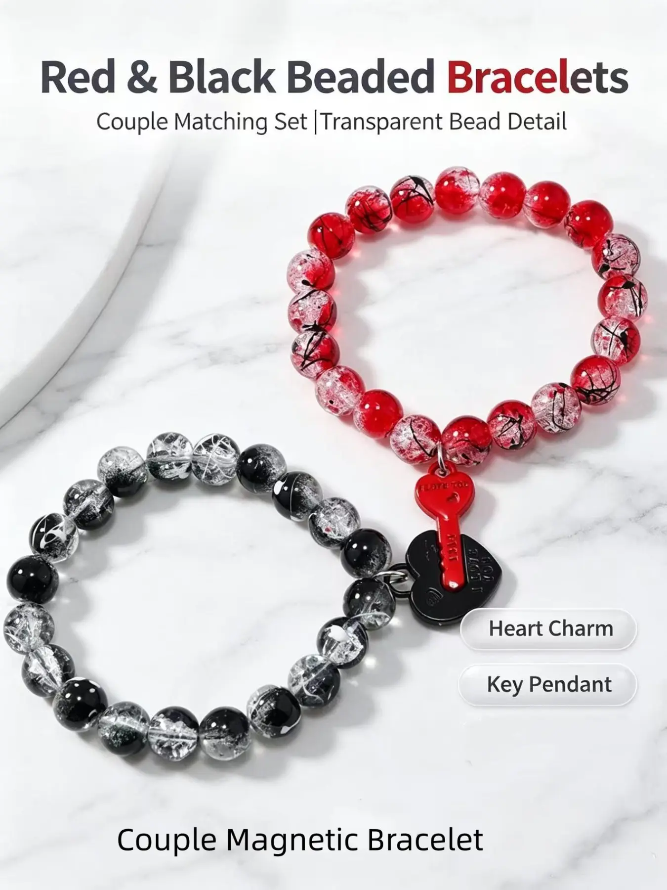 2-piece set of 10MM Gothic black and red couple magnetic bracelet Beaded Bracelet Sets with round beads, ice crushed glass round beads, jewelry matching, suitable for sisters, birthdays and Valentine's Day of couples, suitable for all occasions