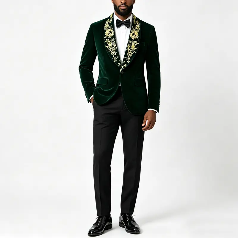 Men's Velvet Blazer, Gold Embroidered Suit Jacket, Black Tuxedo for Wedding Party Prom