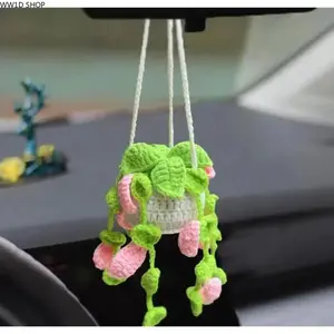 Handmade Crochet Hanging Plant Car Charm for Rearview Mirrors, Boho Vehicle Interior Decoration, Lightweight Basket Pendant Accessory for Daily Driving